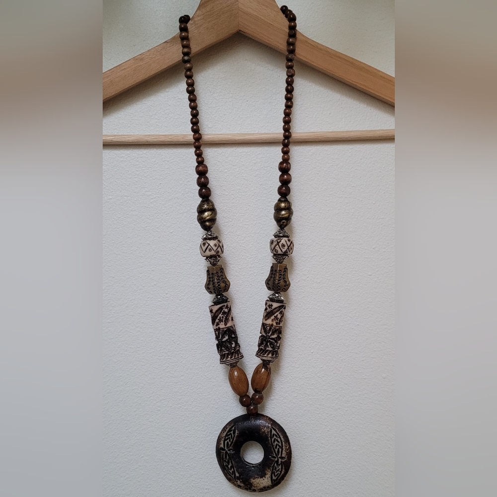 32" Wood Beaded Statement Necklace w/ Carved Pendant